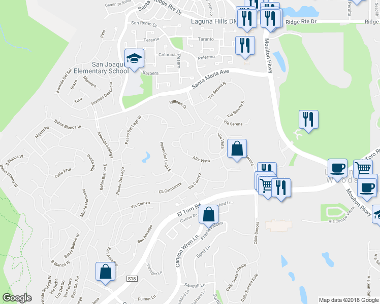 map of restaurants, bars, coffee shops, grocery stores, and more near 3158 Alta Vista in Laguna Woods