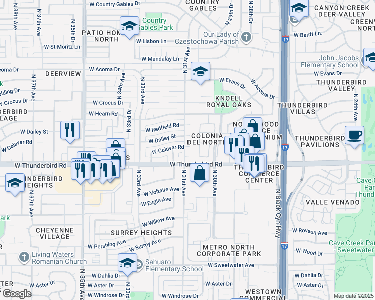 map of restaurants, bars, coffee shops, grocery stores, and more near 3055 W Calavar Rd in Phoenix
