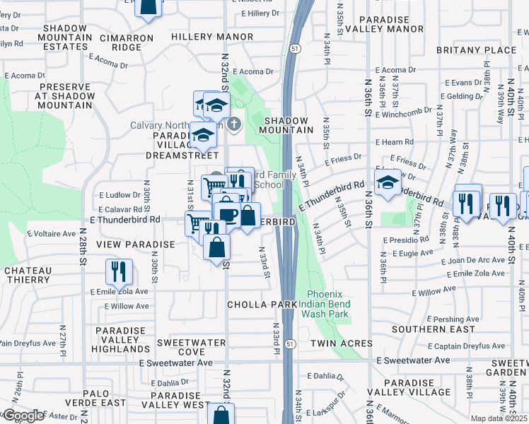 map of restaurants, bars, coffee shops, grocery stores, and more near 3314 East Thunderbird Road in Phoenix