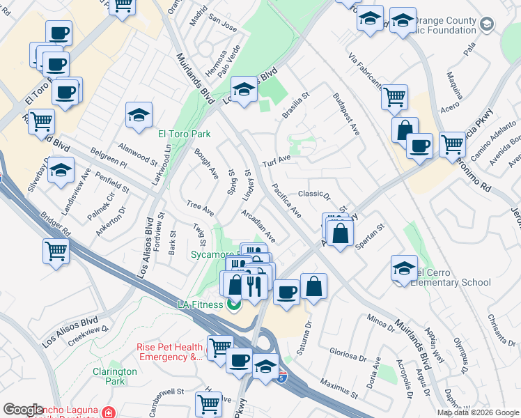 map of restaurants, bars, coffee shops, grocery stores, and more near 25242 Parthenon Avenue in Mission Viejo