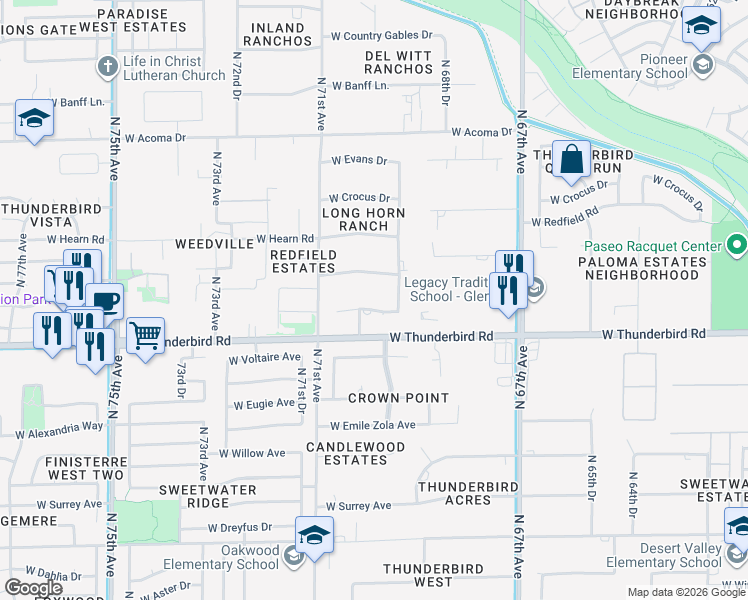 map of restaurants, bars, coffee shops, grocery stores, and more near 6968 West Calavar Road in Peoria