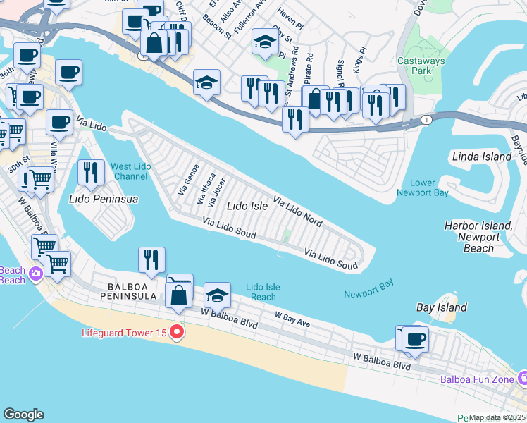 map of restaurants, bars, coffee shops, grocery stores, and more near 208 Via Palermo in Newport Beach