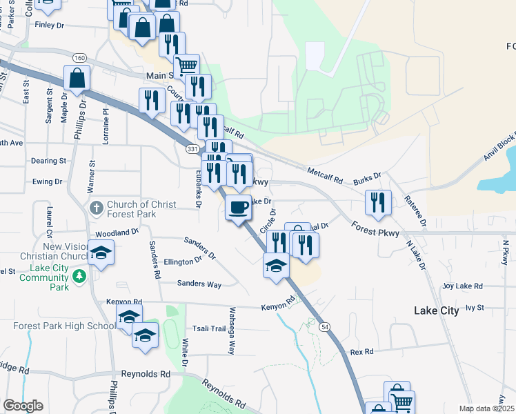 map of restaurants, bars, coffee shops, grocery stores, and more near 5047 North Lake Drive in Morrow