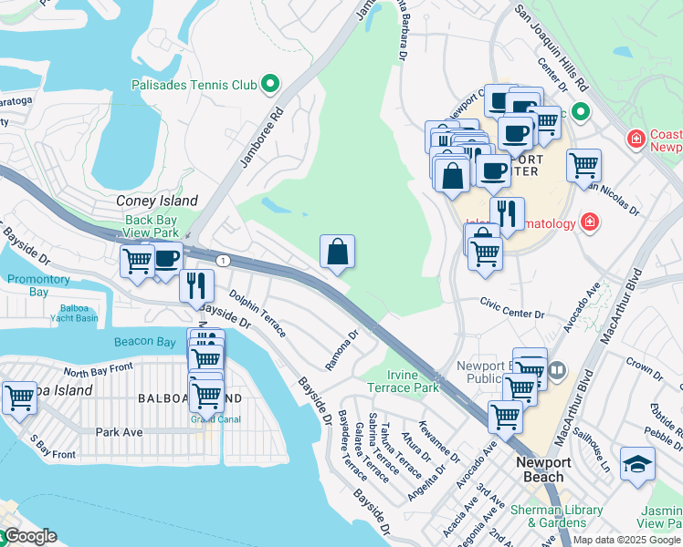 map of restaurants, bars, coffee shops, grocery stores, and more near 2 Clubhouse Drive in Newport Beach