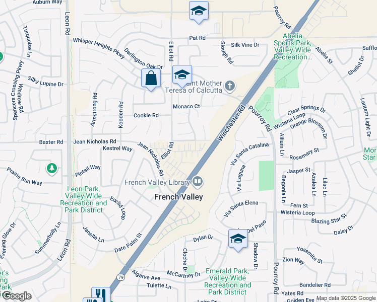 map of restaurants, bars, coffee shops, grocery stores, and more near Cobalite Drive in French Valley