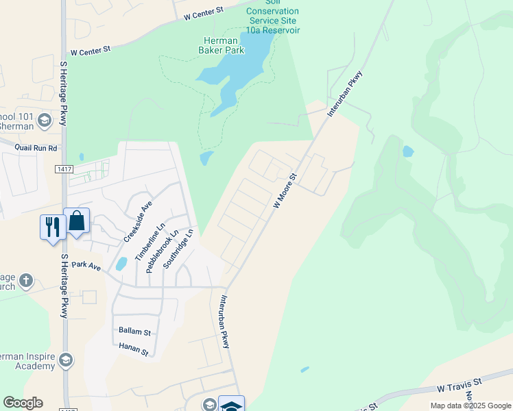 map of restaurants, bars, coffee shops, grocery stores, and more near 2116 West Moore Street in Sherman