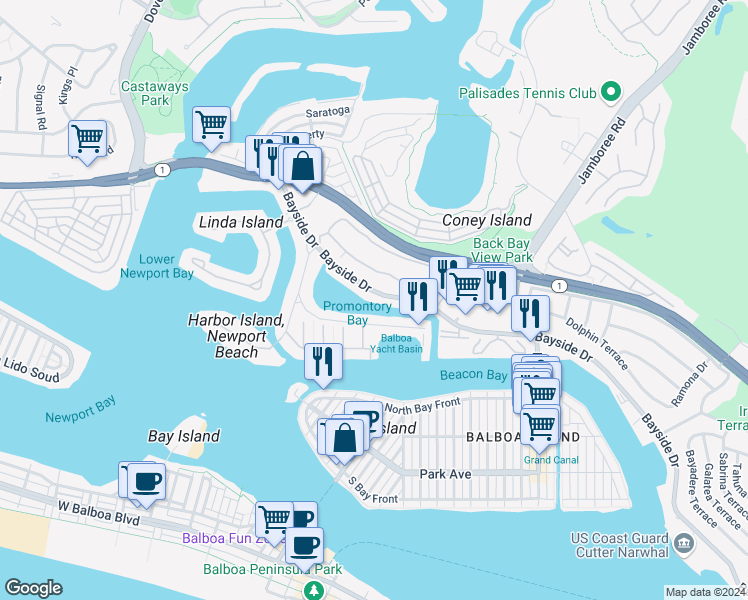 map of restaurants, bars, coffee shops, grocery stores, and more near 715 Bayside Drive in Newport Beach