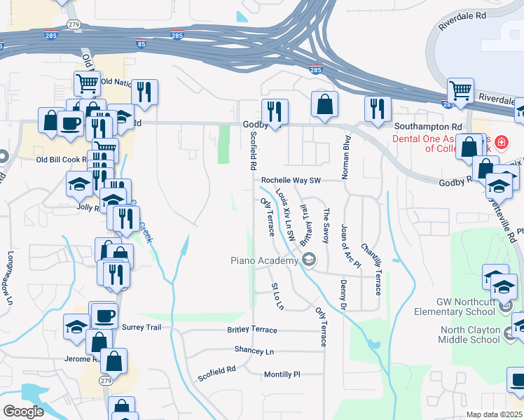 map of restaurants, bars, coffee shops, grocery stores, and more near 5257 Orly Terrace in Atlanta