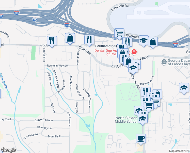 map of restaurants, bars, coffee shops, grocery stores, and more near 5235 Hanover Street in Atlanta