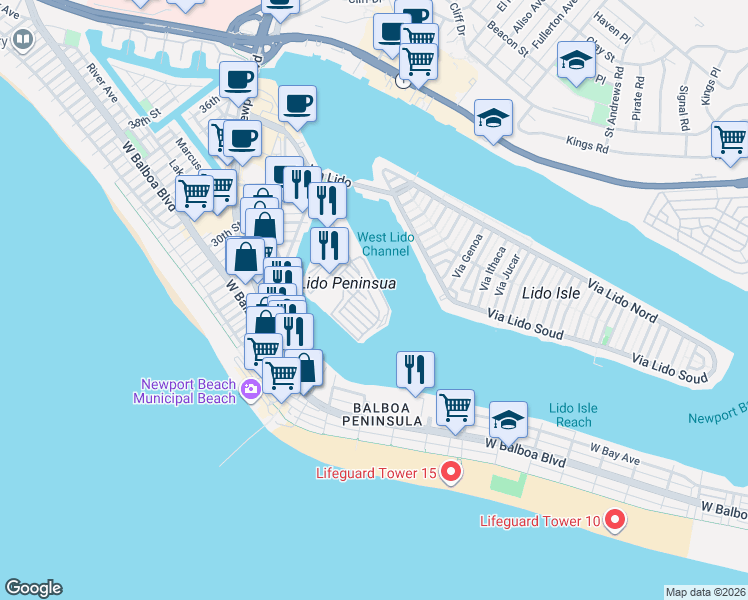 map of restaurants, bars, coffee shops, grocery stores, and more near 2 41st Street in Newport Beach