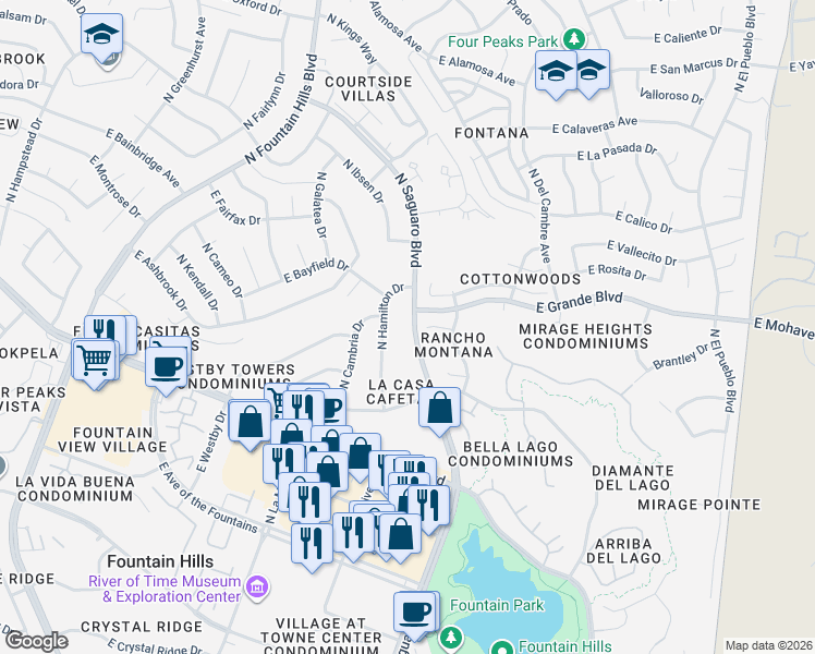 map of restaurants, bars, coffee shops, grocery stores, and more near 13838 North Saguaro Boulevard in Fountain Hills