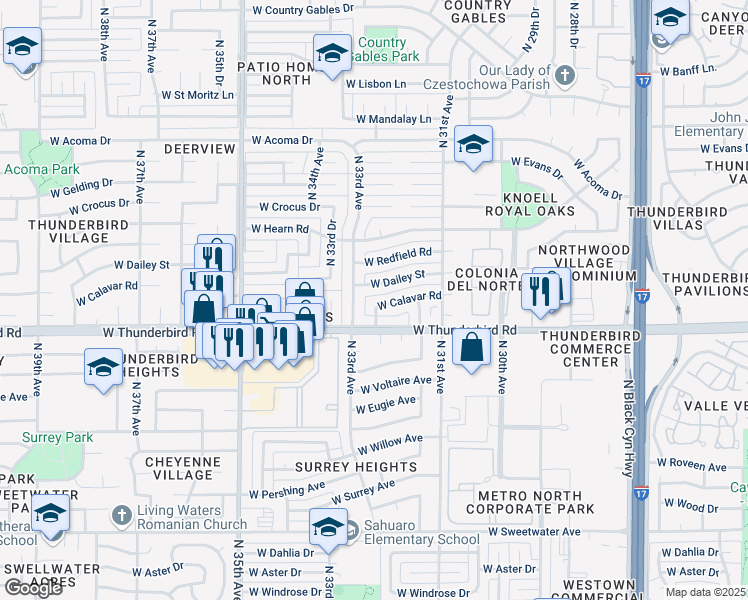 map of restaurants, bars, coffee shops, grocery stores, and more near 3216 West Calavar Road in Phoenix