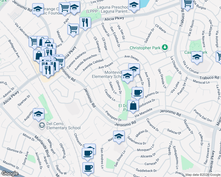 map of restaurants, bars, coffee shops, grocery stores, and more near 24151 Salero Lane in Mission Viejo