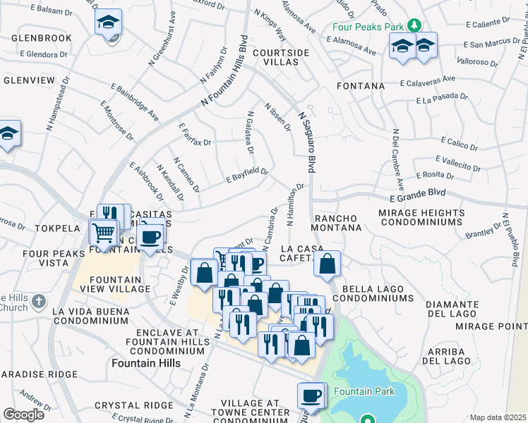 map of restaurants, bars, coffee shops, grocery stores, and more near 16750 East Westby Drive in Fountain Hills