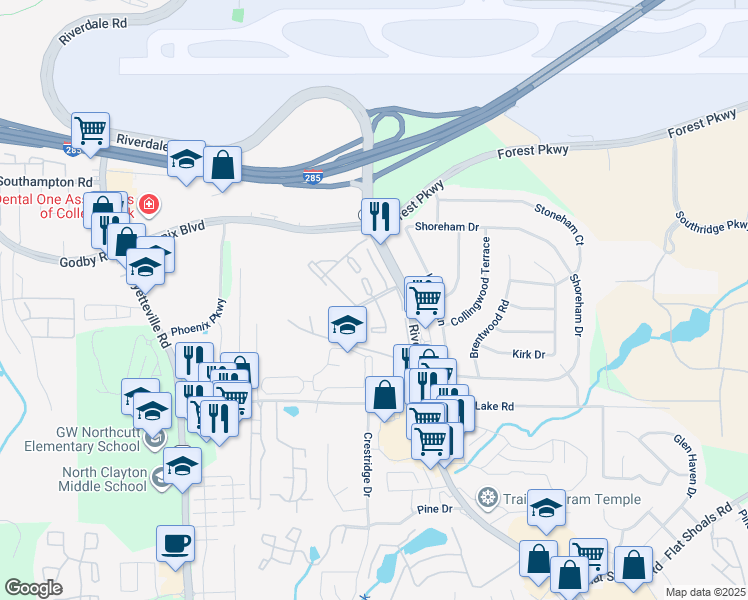 map of restaurants, bars, coffee shops, grocery stores, and more near 2976 Riverwalk Lane in Atlanta