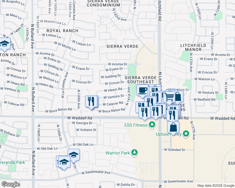 map of restaurants, bars, coffee shops, grocery stores, and more near 14170 West Ventura Street in Surprise