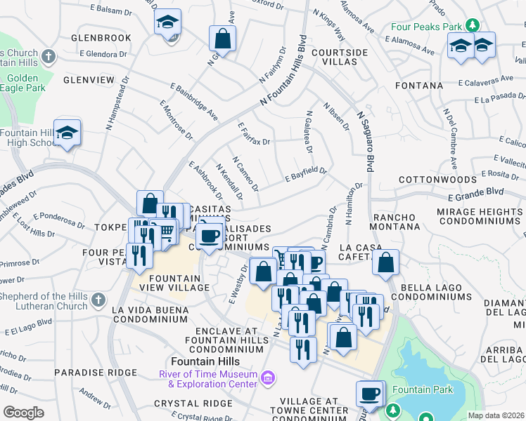 map of restaurants, bars, coffee shops, grocery stores, and more near 16603 East Ashbrook Drive in Fountain Hills