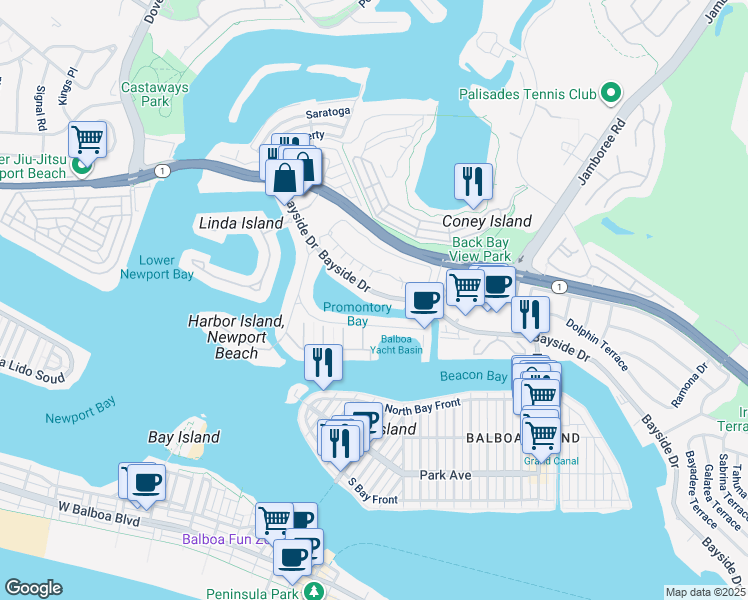 map of restaurants, bars, coffee shops, grocery stores, and more near 715 Bayside Drive in Newport Beach