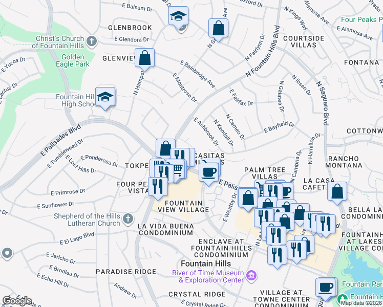 map of restaurants, bars, coffee shops, grocery stores, and more near 16323 East Arrow Drive in Fountain Hills