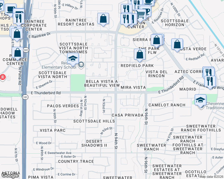 map of restaurants, bars, coffee shops, grocery stores, and more near 14000 North 94th Street in Scottsdale