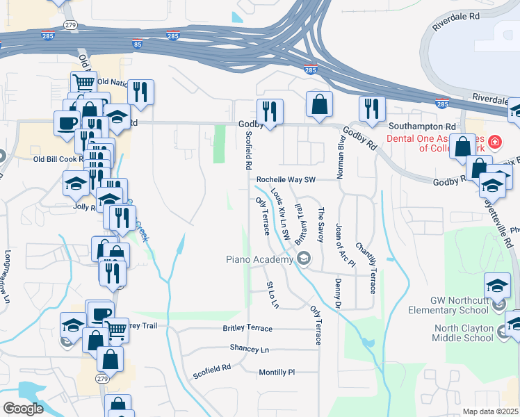 map of restaurants, bars, coffee shops, grocery stores, and more near 5257 Orly Terrace in Atlanta