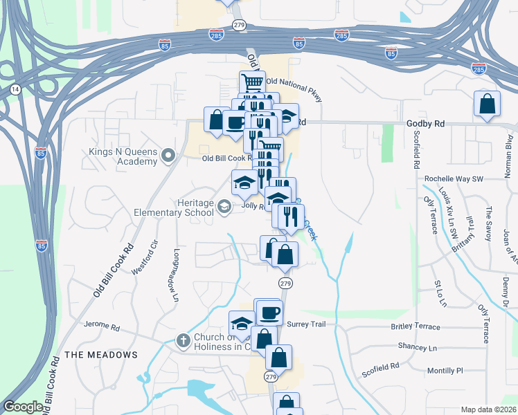 map of restaurants, bars, coffee shops, grocery stores, and more near in South Fulton