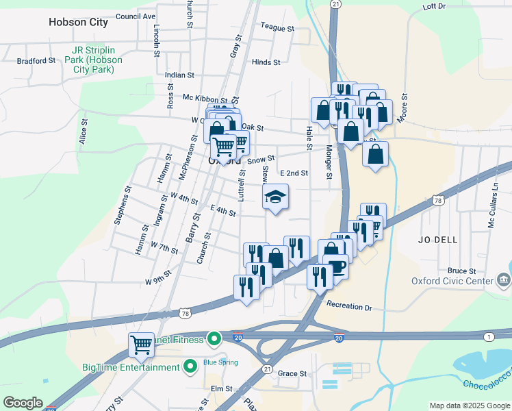 map of restaurants, bars, coffee shops, grocery stores, and more near 220 East 3rd Street in Oxford