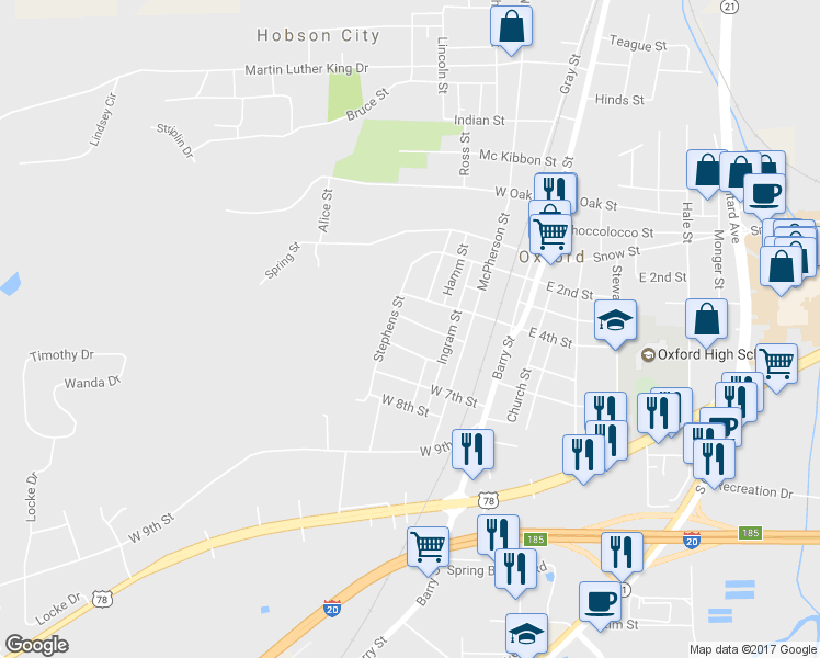 map of restaurants, bars, coffee shops, grocery stores, and more near 316 West 5th Street in Oxford