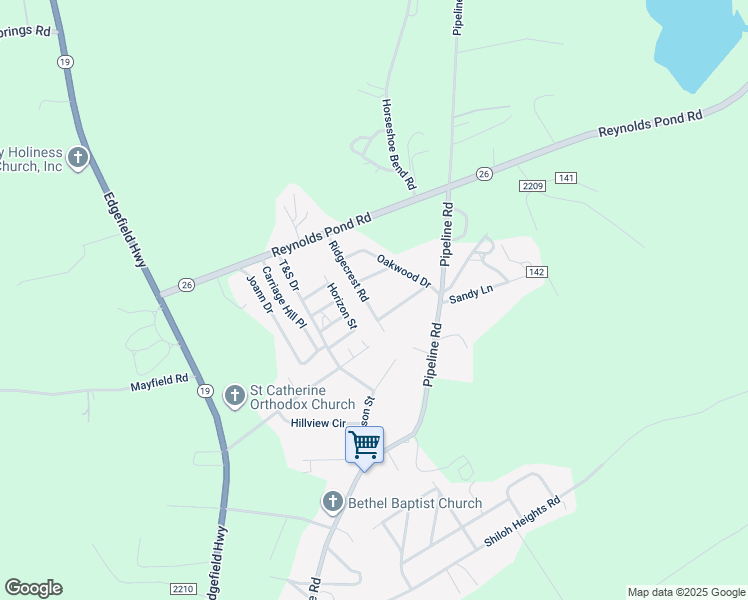 map of restaurants, bars, coffee shops, grocery stores, and more near 27 Ridgecrest Road in Aiken