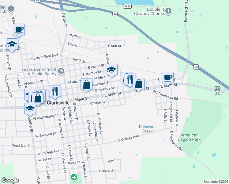map of restaurants, bars, coffee shops, grocery stores, and more near Mills Street in Clarksville