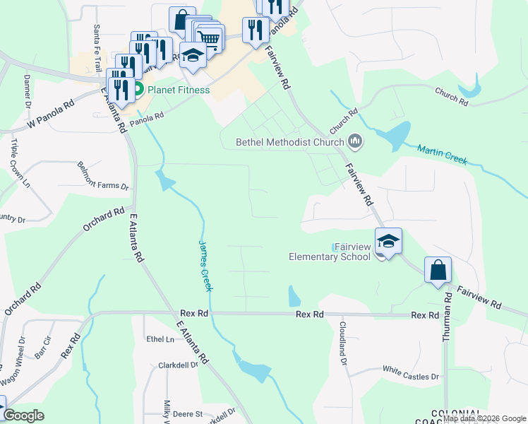 map of restaurants, bars, coffee shops, grocery stores, and more near 201 Northtowne Cove in Stockbridge