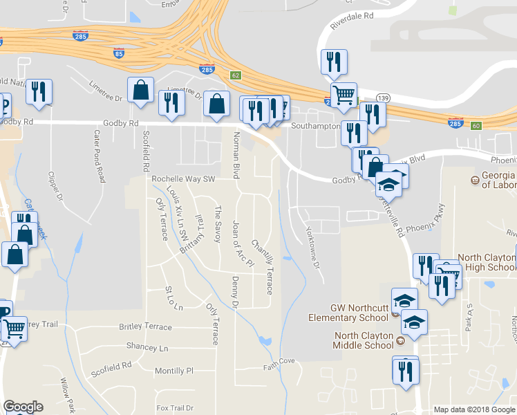 map of restaurants, bars, coffee shops, grocery stores, and more near 5240 Chantilly Terrace in Atlanta
