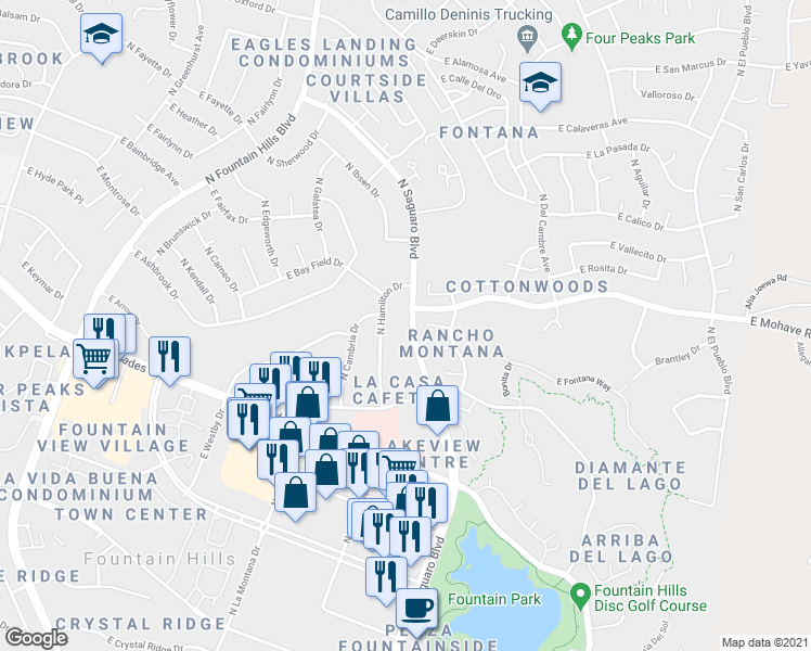 map of restaurants, bars, coffee shops, grocery stores, and more near 13838 North Saguaro Boulevard in Fountain Hills