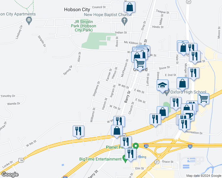 map of restaurants, bars, coffee shops, grocery stores, and more near 205 West 5th Street in Oxford