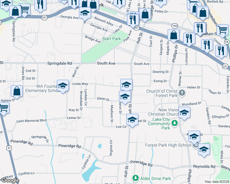 map of restaurants, bars, coffee shops, grocery stores, and more near 745 Linda Way in Forest Park