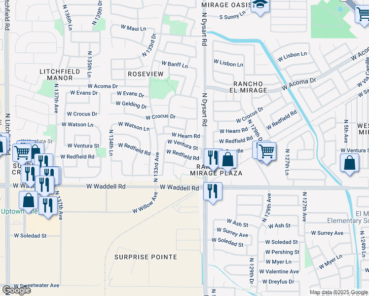 map of restaurants, bars, coffee shops, grocery stores, and more near 13189 West Ventura Street in Surprise