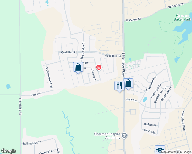 map of restaurants, bars, coffee shops, grocery stores, and more near 1413 Pheasant Drive in Sherman