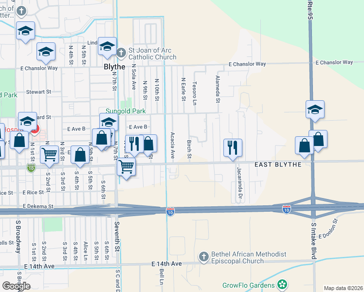 map of restaurants, bars, coffee shops, grocery stores, and more near 171 Birch Street in Blythe
