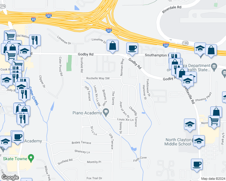 map of restaurants, bars, coffee shops, grocery stores, and more near 5269 The Savoy in Atlanta