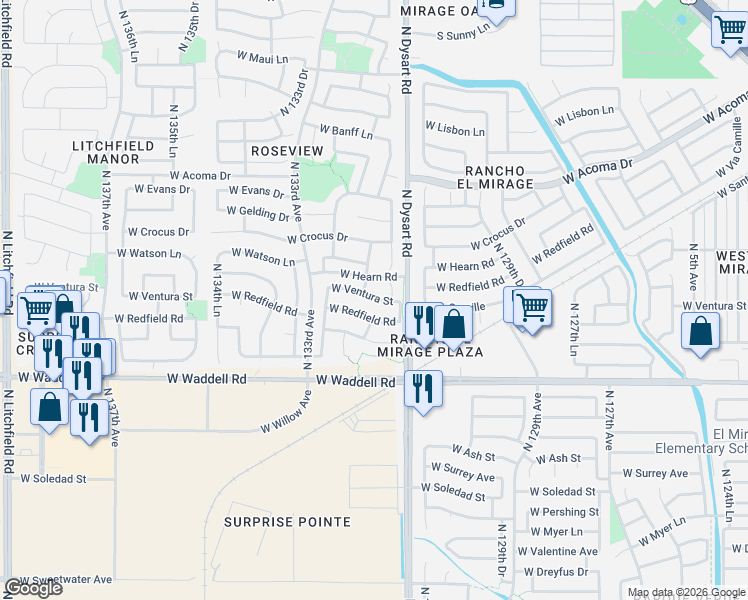 map of restaurants, bars, coffee shops, grocery stores, and more near 13189 West Ventura Street in Surprise
