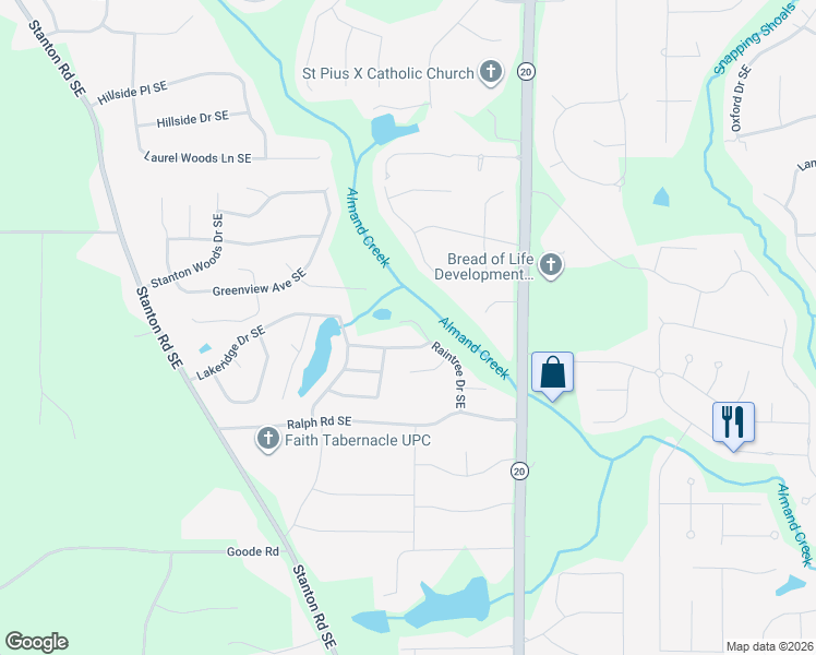 map of restaurants, bars, coffee shops, grocery stores, and more near 2935 Raintree Drive Southeast in Conyers