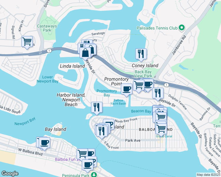 map of restaurants, bars, coffee shops, grocery stores, and more near 707 Bayside Drive in Newport Beach