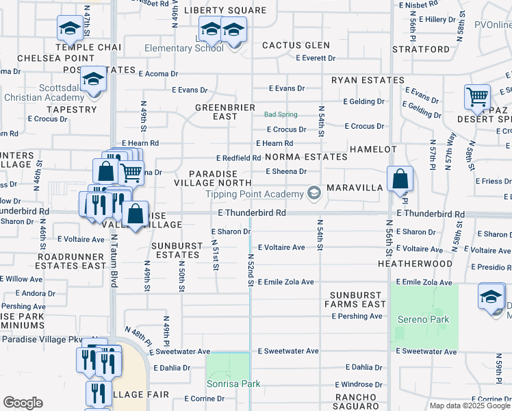 map of restaurants, bars, coffee shops, grocery stores, and more near 5201 East Ludlow Drive in Scottsdale