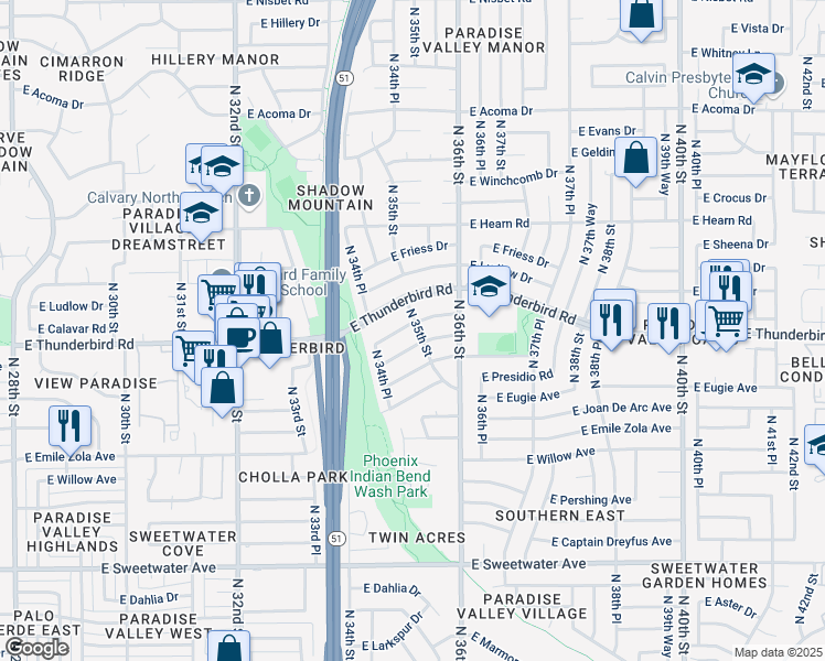 map of restaurants, bars, coffee shops, grocery stores, and more near 3475 East Sharon Drive in Phoenix