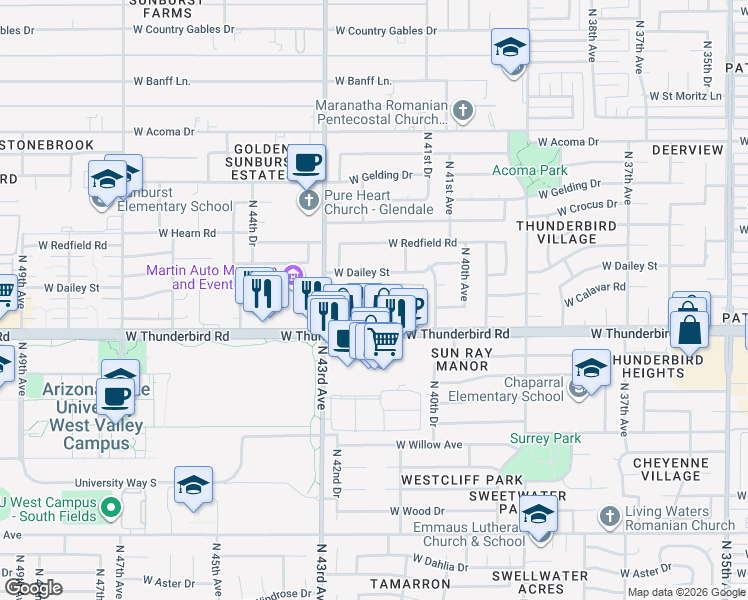 map of restaurants, bars, coffee shops, grocery stores, and more near 13821 North 42nd Avenue in Phoenix
