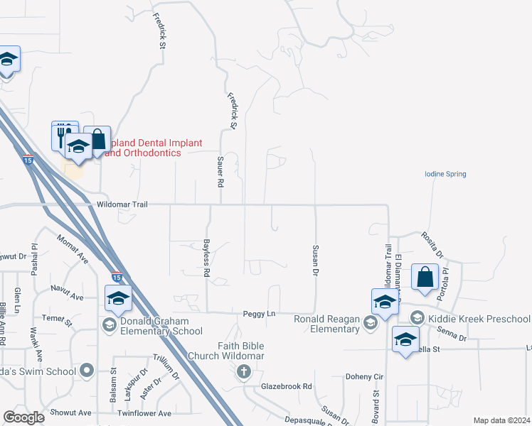 map of restaurants, bars, coffee shops, grocery stores, and more near 23535 Wildomar Trail in Wildomar