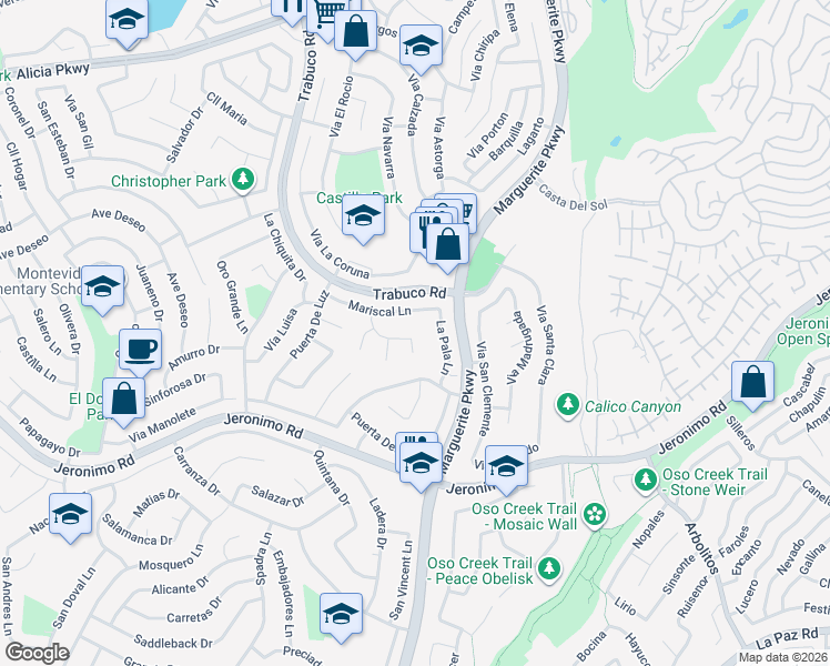 map of restaurants, bars, coffee shops, grocery stores, and more near 27191 Arena Lane in Mission Viejo