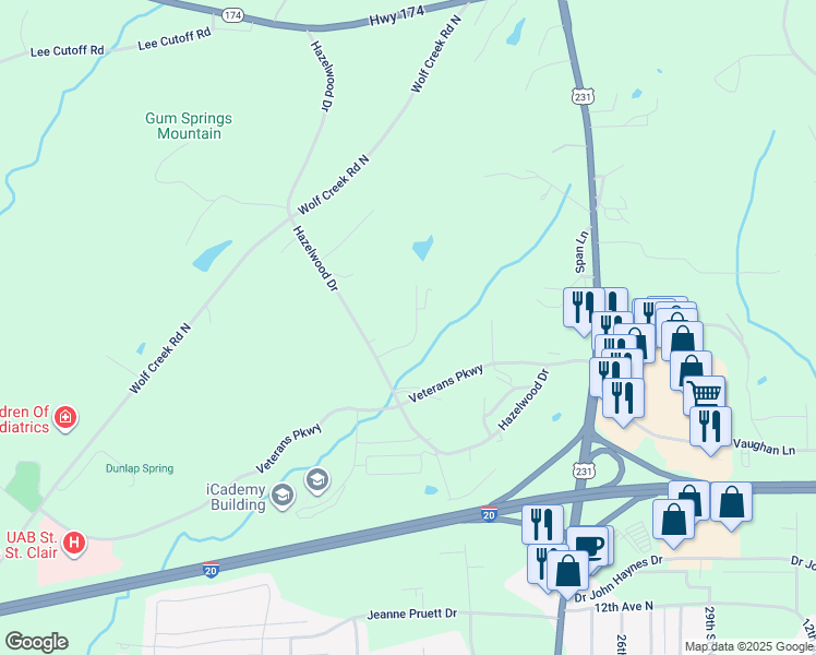 map of restaurants, bars, coffee shops, grocery stores, and more near 125 Crestdale Lane in Pell City
