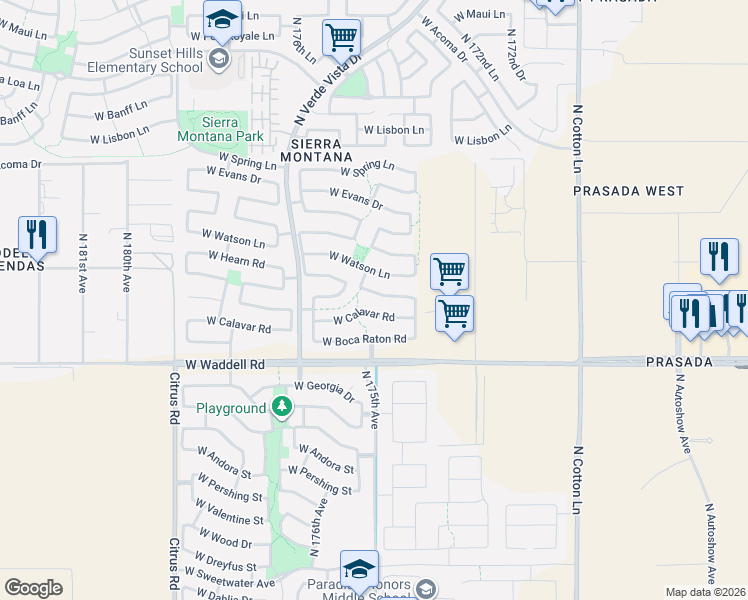 map of restaurants, bars, coffee shops, grocery stores, and more near 17475 West Ventura Street in Surprise
