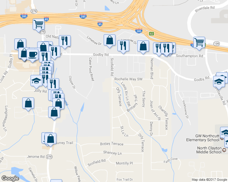 map of restaurants, bars, coffee shops, grocery stores, and more near 5260 Scofield Road in Atlanta